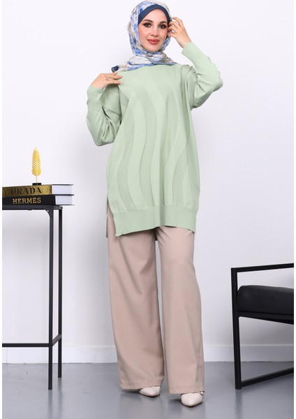 Su Yeşili Bisiklet Yaka Soğuk İplik Triko Tunik fiyatları