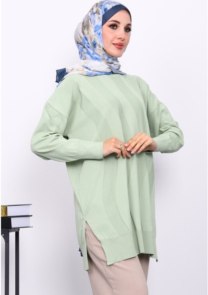 Su Yeşili Bisiklet Yaka Soğuk İplik Triko Tunik modelleri