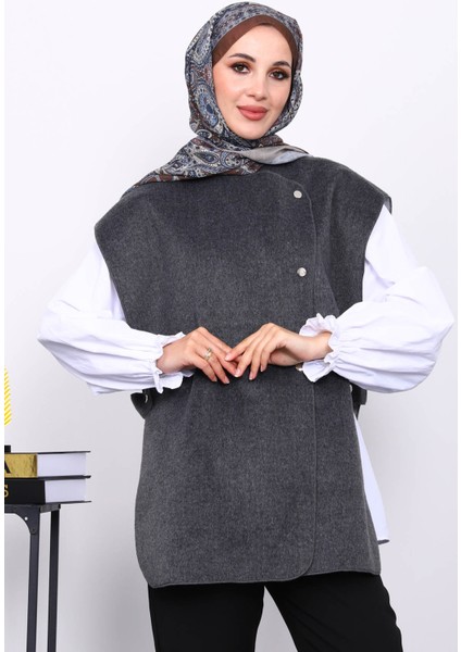 Antrasit Çıtçıt Detaylı Kaşe Yelek