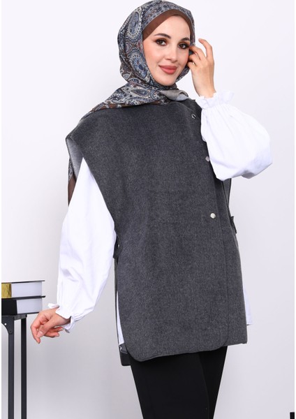 Antrasit Çıtçıt Detaylı Kaşe Yelek modelleri