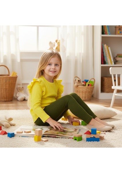 Omuzu Fırfırlı Kız Çocuk Taytlı Takım