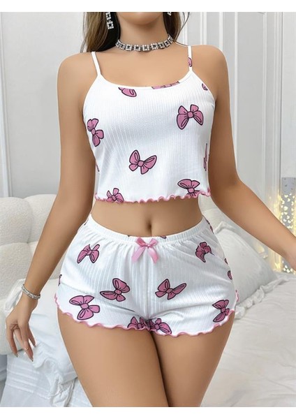 Kadın Fantazi Iç Giyim Pamuklu Beyaz Üstüne Pembe Kurdela Desenli Fitilli Askılı Şortlu Pijama Takımı - Şehvetli ve Zarif Tasarım fiyatları