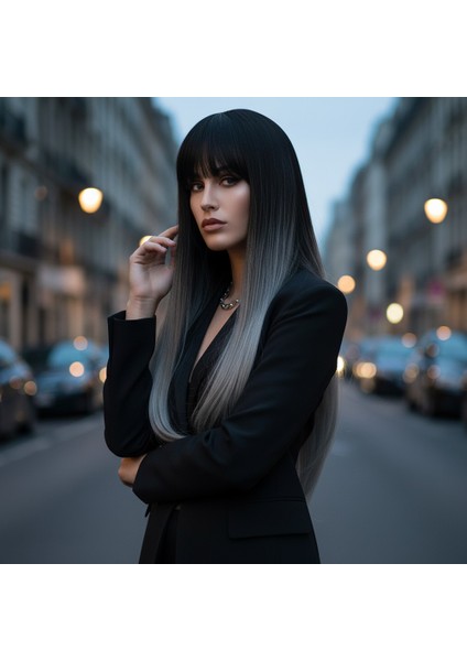 Düz Perçemli Uzun Fiber Sentetik Peruk / Siyah / Gri Ombreli