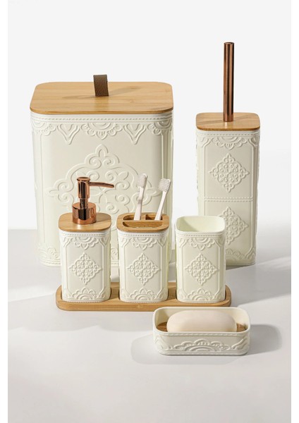 7 Parça Desenli Kare Bambu Kapaklı Beyaz Banyo Seti, Hacim: 8 Litre