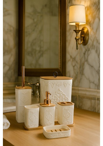7 Parça Desenli Kare Bambu Kapaklı Beyaz Banyo Seti, Hacim: 8 Litre fiyatları