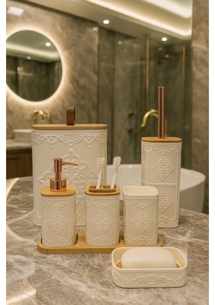 7 Parça Desenli Kare Bambu Kapaklı Beyaz Banyo Seti, Hacim: 8 Litre modelleri