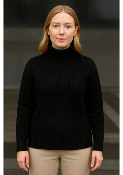 Kadın Balıkcı Yaka Bağazlı Triko Kazak Pamuklu Kalın Fitilli Dokuma - Siyah