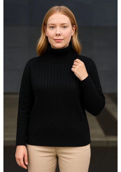 Kadın Balıkcı Yaka Bağazlı Triko Kazak Pamuklu Kalın Fitilli Dokuma - Siyah fiyatları