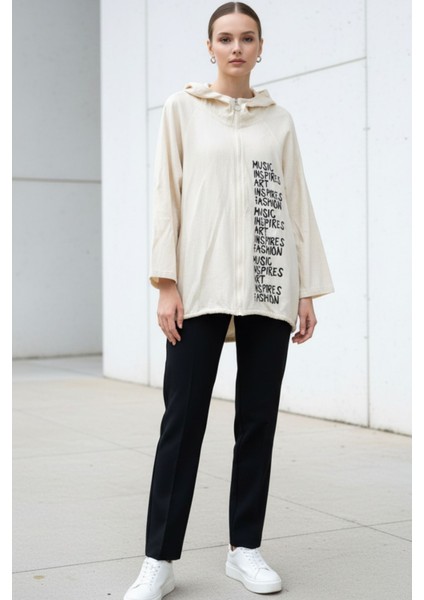 Kadın Bej Kapüşonlu Fermuarlı Oversize Yazı Baskılı Pamuklu Hırka-Ceket - Kadın Ceket