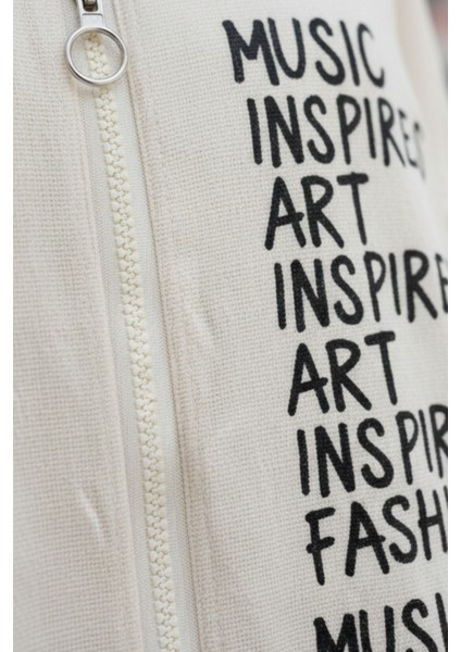 Kadın Bej Kapüşonlu Fermuarlı Oversize Yazı Baskılı Pamuklu Hırka-Ceket - Kadın Ceket modelleri