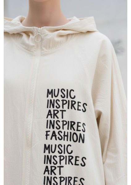 Kadın Bej Kapüşonlu Fermuarlı Oversize Yazı Baskılı Pamuklu Hırka-Ceket - Kadın Ceket fırsatları