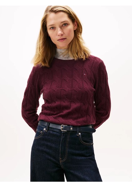 Yumuşak Yün Saç Örgülü Bisiklet Yaka Uzun Kollu Kadın Kırmızı Kazak WW0WW43586XIH