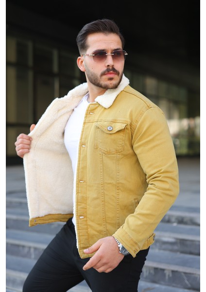 Erkek Trend Kışlık Içi Kürklü Sarı Kot Ceket