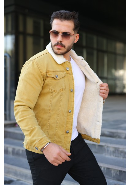 Erkek Trend Kışlık Içi Kürklü Sarı Kot Ceket fiyatları