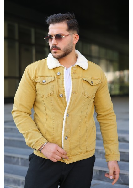 Erkek Trend Kışlık Içi Kürklü Sarı Kot Ceket modelleri