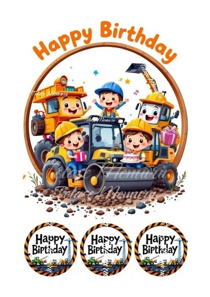 Iş Makinaları Pasta Süsü - Pasta Resmi ve Baskısı Doğum Günü Konsepti Yenilebilir Kağıt 2