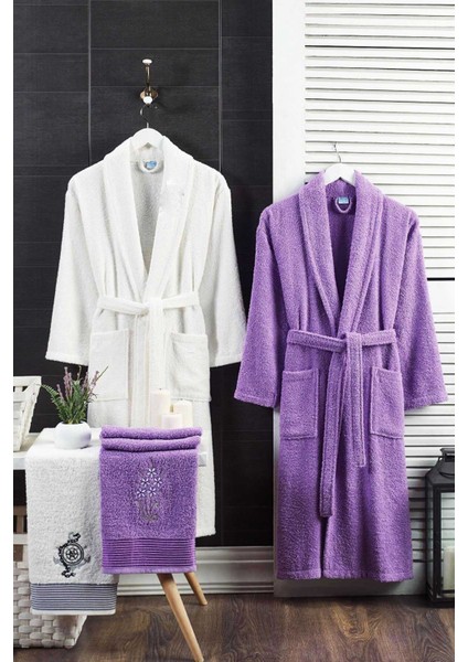 4 Parça Aile Bornoz Seti Kadın Erkek Havlulu Bornoz Takımı 100 Beyaz Lavanta