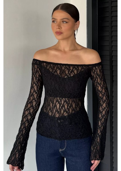 Kadın Madonna Yaka Ispanyol Kol Likralı Transparan Bluz P-00019008