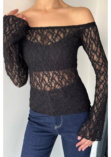 Kadın Madonna Yaka Ispanyol Kol Likralı Transparan Bluz P-00019008 fiyatları