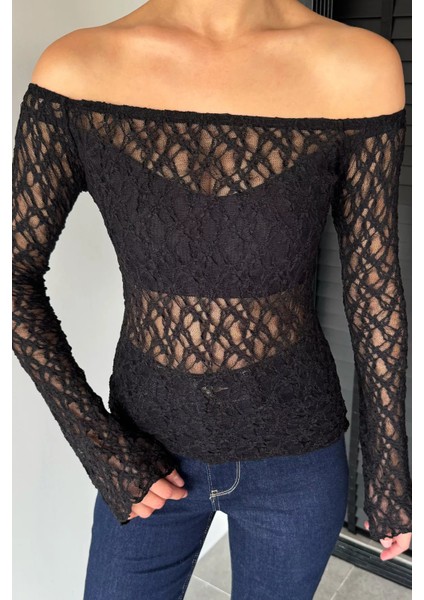 Kadın Madonna Yaka Ispanyol Kol Likralı Transparan Bluz P-00019008 modelleri