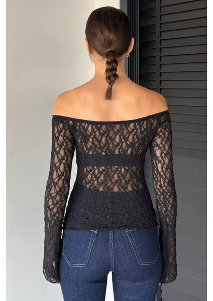 Kadın Madonna Yaka Ispanyol Kol Likralı Transparan Bluz P-00019008 fırsatları