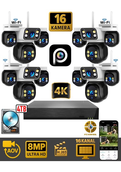 HiEasy 16 Kameralı 8MP NVR Güvenlik Seti (4TB HDD Dahil) – 4K AOV PTZ Kontrol H.265+ 7/24 Kayıt