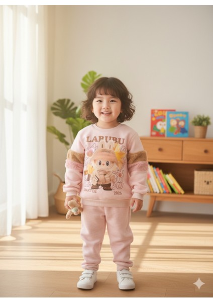 Kız Çocuk Peluş Detaylı Kabartmalı Kalın Takım Cepli %100 Pamuk Labubu