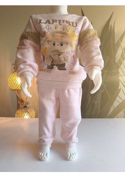 Kız Çocuk Peluş Detaylı Kabartmalı Kalın Takım Cepli %100 Pamuk Labubu