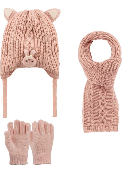 1-4 Yaş Kız Çocuk 3'lü Takım Atkı, Bere ve Eldiven Set