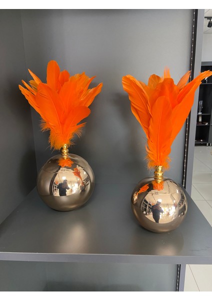 Gold Rose Renk Tabanlı Turuncu Tüylü 2’li Dekoratif Obje Seti – Lüks Masa Üstü Ev Dekoru