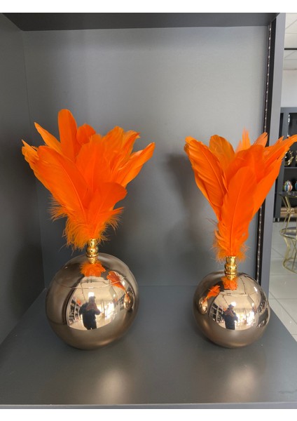 Gold Rose Renk Tabanlı Turuncu Tüylü 2’li Dekoratif Obje Seti – Lüks Masa Üstü Ev Dekoru fiyatları
