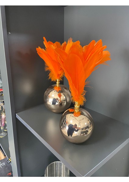 Gold Rose Renk Tabanlı Turuncu Tüylü 2’li Dekoratif Obje Seti – Lüks Masa Üstü Ev Dekoru modelleri