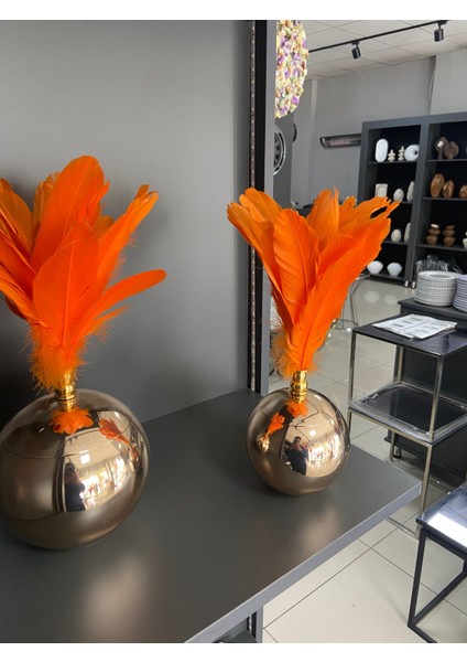 Gold Rose Renk Tabanlı Turuncu Tüylü 2’li Dekoratif Obje Seti – Lüks Masa Üstü Ev Dekoru fırsatları