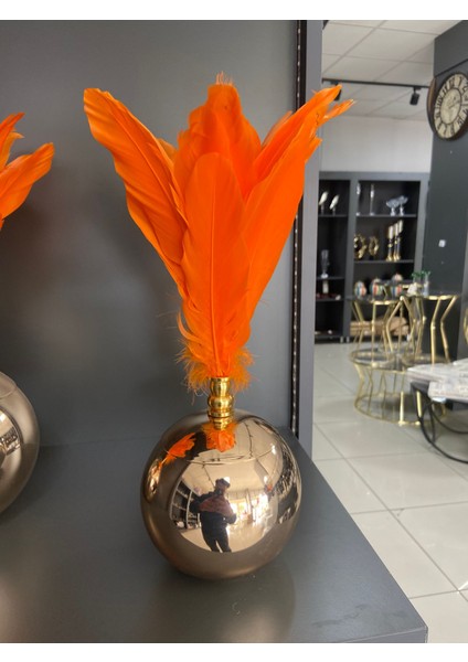 Gold Rose Renk Tabanlı Turuncu Tüylü 2’li Dekoratif Obje Seti – Lüks Masa Üstü Ev Dekoru
