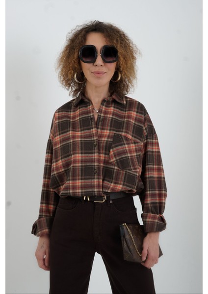 Kahve Ekose Oversize Gömlek