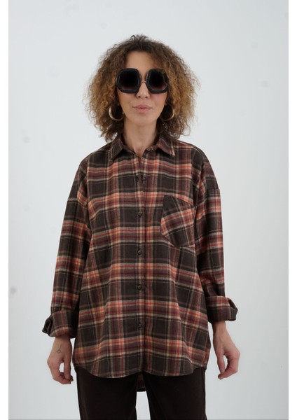 Kahve Ekose Oversize Gömlek modelleri