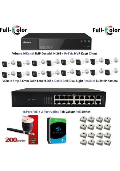 Nif Bilişim Vguard 5mp Dahili Sesli ve Gece Renkli 16 Kameralı Tak Çalıştır Hazır Ip Kamera Seti 4tb Disk