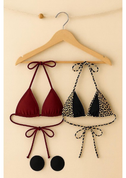 Kadın Leopar Desenli ve Bordo Minimal Kesim Üçgen Bikini Üstü