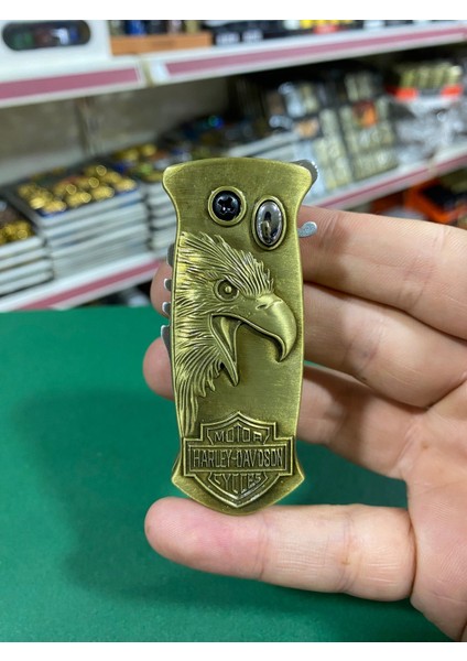 Kartal Figürlü Harley Tasarım Bıçaklı Çakmak - Antik Sarı