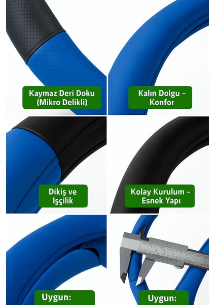 Hyundai I30 2007-2011 Geçmeli Direksiyon Kılıfı Delikli Siyah Mavi Deri