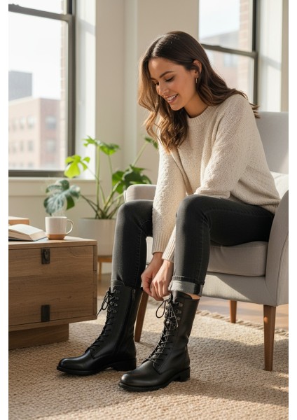 Voyager Hakiki Deri Siyah Fermuarlı & Bağcıklı Kadın Yarım Bot VK_0006 fiyatları