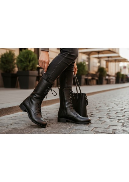 Voyager Hakiki Deri Siyah Fermuarlı & Bağcıklı Kadın Yarım Bot VK_0006 modelleri