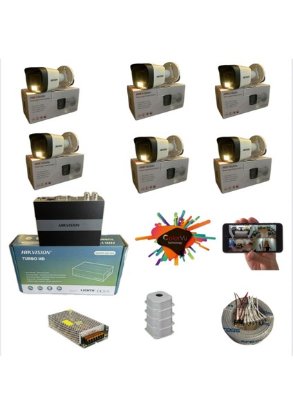 6 Kameralı Gece Renkli 8 Kanal Dvr 512GB Kayıt Cihazı (Yeni Nesil E-Ssd) 0,50 Kablo