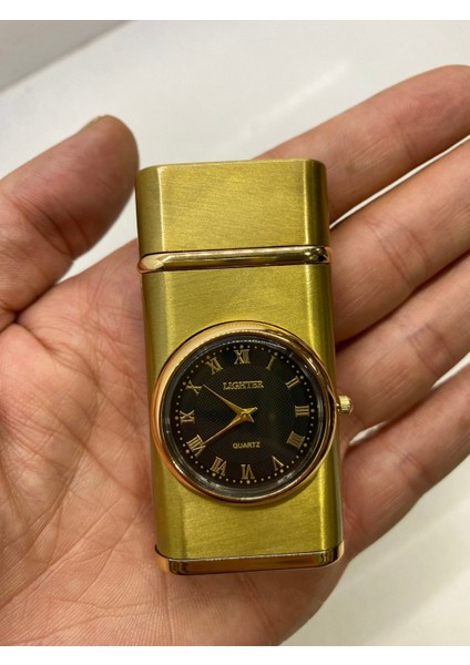 Saatli Çift Yanarlı Metal Çakmak - Gold