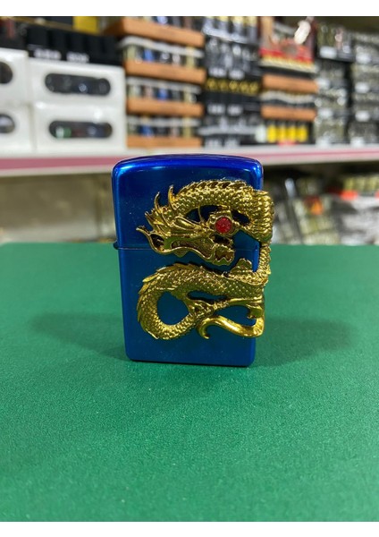Ejderha Figürlü Metal Benzinli Çakmak - Mavi