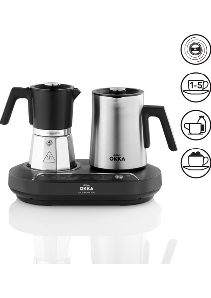 OK0027 OKKA Rich Moka Pot Karıştırıcılı Metal İtalyan ve Türk Kahve Makinesi - Krom 5 Fincan