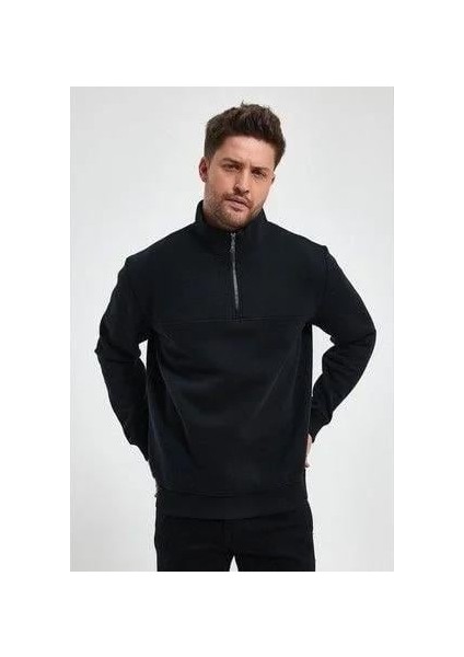 Oversize Yarım Farmuarlı Yakalı Basic Sweatshirt - Siyah