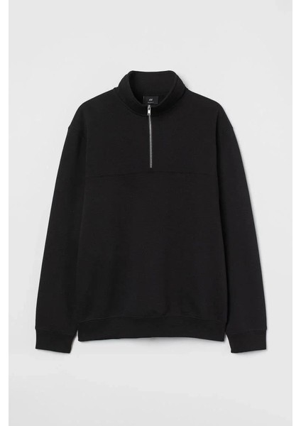 Oversize Yarım Farmuarlı Yakalı Basic Sweatshirt - Siyah fiyatları