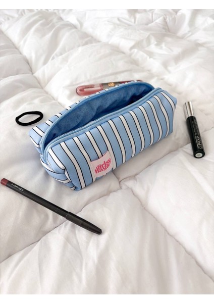 Mavi Çizgili Tek Gözlü Kalemlik Yıkanabilir Fermuarlı Okul Mavi Kalem Kutusu