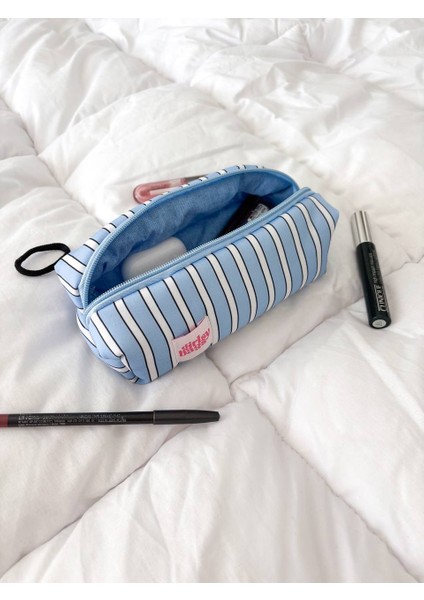 Mavi Çizgili Tek Gözlü Kalemlik Yıkanabilir Fermuarlı Okul Mavi Kalem Kutusu modelleri